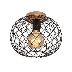 Plafoniera Vintage Winki Legno Marrone Metallo Nero 1 Luce E27 D.30