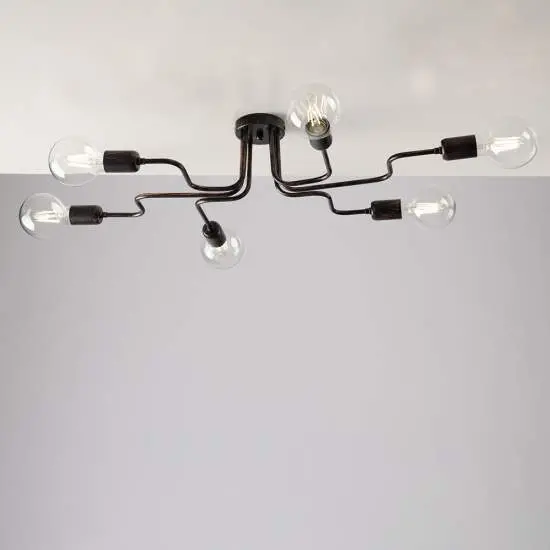 Plafoniera Industrial 6 Luci Ferro Nero e Rame Serie Loft | Be Light