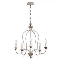 Lampadario Classico Hartsville Acciaio Gesso Slavato Legno Marrone 5 Luci E14
