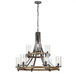 Lampadario Industrial Angelo Acciaio Anticato Metallo Vetro Grigio 9 Luci E27