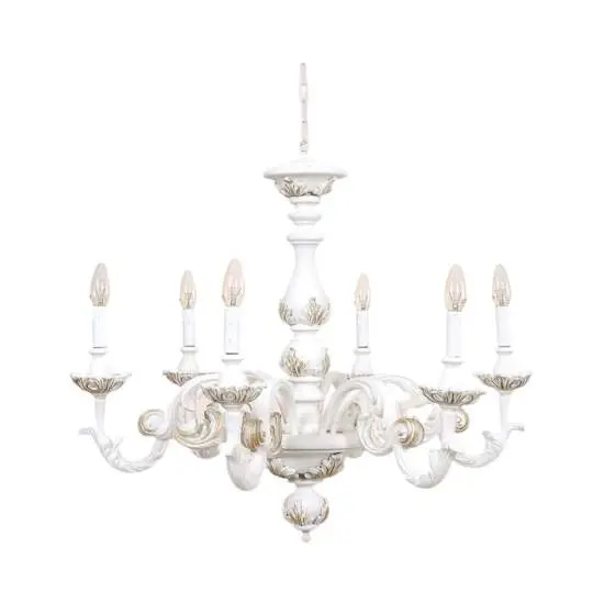 Lampadario In Legno Classico Bianco Opaco 6 Luci Fenicottero | LuceArt