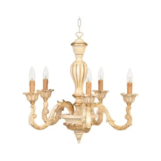 Lampadario In Legno Classico Crema Decapè Oro 5 Luci Avocetta | LuceArt