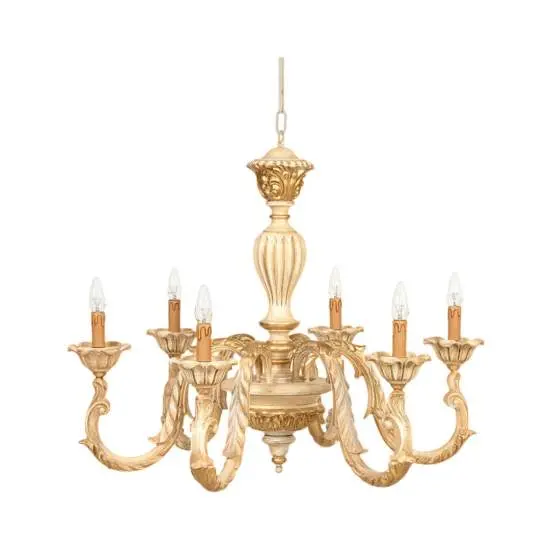 Lampadario In Legno Classico Crema Decapè Oro 6 Luci Avocetta | LuceArt