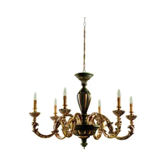 Lampadario In Legno Classico Verde Etrusco Oro 6 Luci Piccione | LuceArt