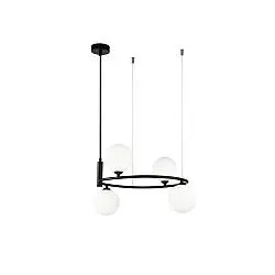 Lampadario Contemporaneo Ring Metallo Nero 4 Luci E Diffusori Bianchi