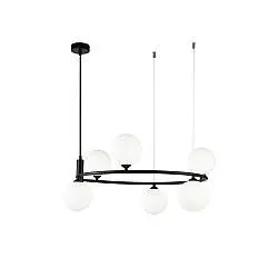 Lampadario Contemporaneo Ring Metallo Nero 6 Luci E Diffusori Bianchi