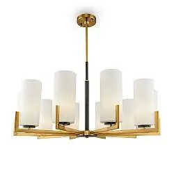 Lampadario Contermporaneo Fortano 10 Luci Metallo Ottone Diffusori Vetro Bianchi