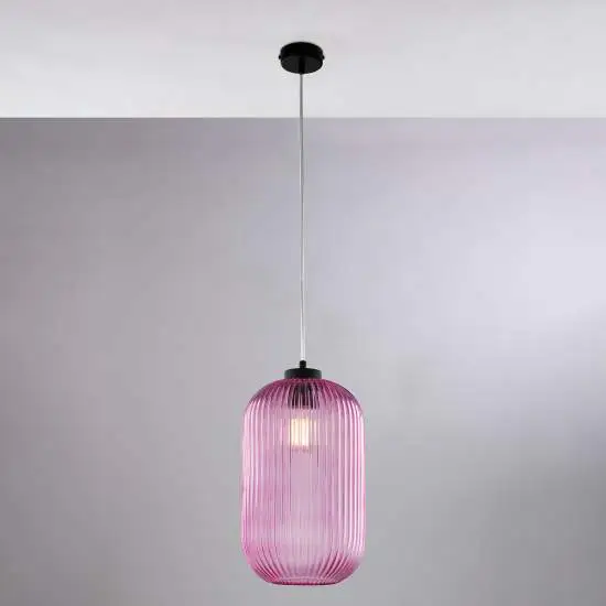 Sospensione 1 Luce Krizia In Ferro Nero E Vetro Rosa Effetto Plisse' |