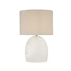 Lampada Da Scrivania Contemporanea Cora Ceramica Bianco Tessuto Beige 1 Luce E27